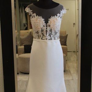 Brand New Wedding Dress Satin Sheath with Lace Illusion and Cap Sleeves